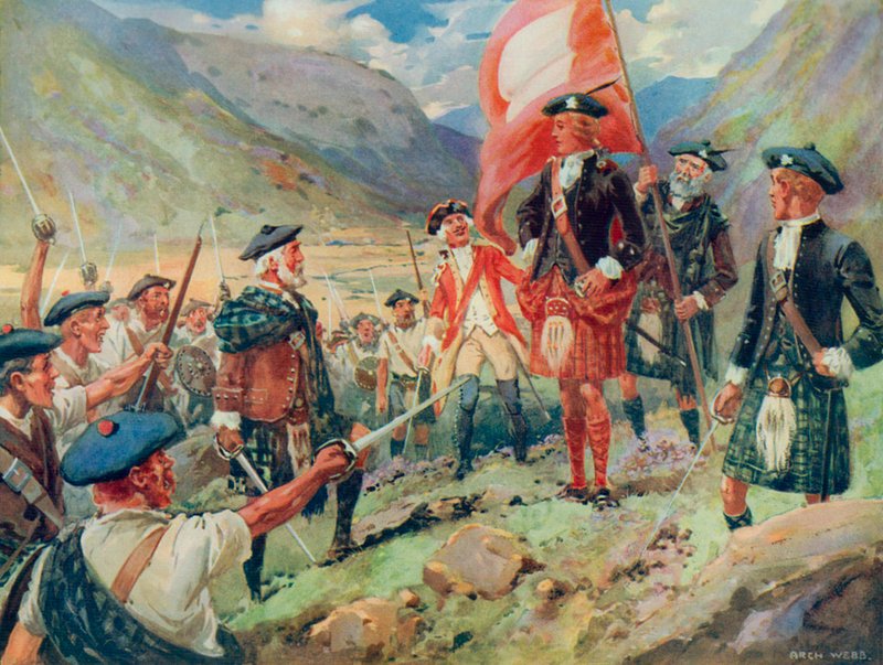 The Raising of the Standard, Bonnie Prince Charlie ląduje w Szkocji w 1745 (kolor lito) autorstwa Archibald Bertram (after) Webb