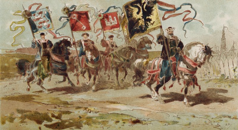 Jeźdźcy niosący sztandary Związku Hanzeatyckiego i niektórych z jego miast członkowskich, Niderlandy hiszpańskie, XVI wiek autorstwa Armand Jean Heins