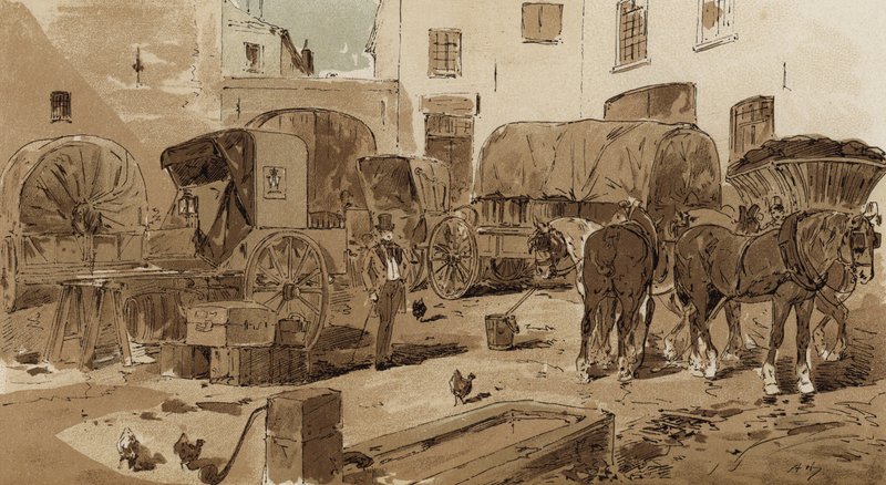 Wagon Królewskiej Poczty Holenderskiej, kabriolet, wagon na wino i wagon węgla, XIX wiek autorstwa Armand Jean Heins