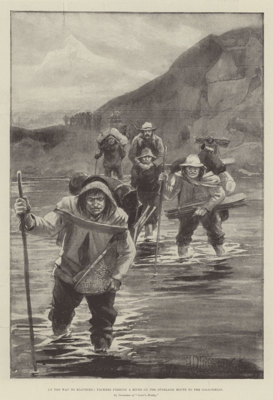 W drodze do Klondike, Pakowacze przeprawiający się przez rzekę na szlaku lądowym do złóż złota autorstwa Arthur David McCormick