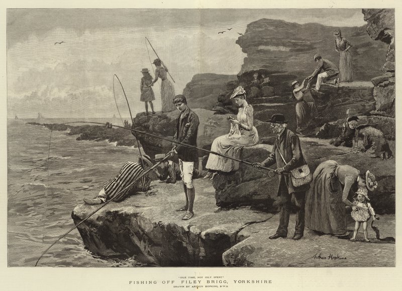 Wędkowanie przy Filey Brigg, Yorkshire (grawerowanie) autorstwa Arthur (after) Hopkins