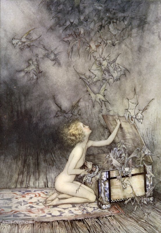 Otwarcie puszki Pandory, scena z Cudownej księgi, Nathaniel Hawthorne (kolor lito) autorstwa Arthur (after) Rackham