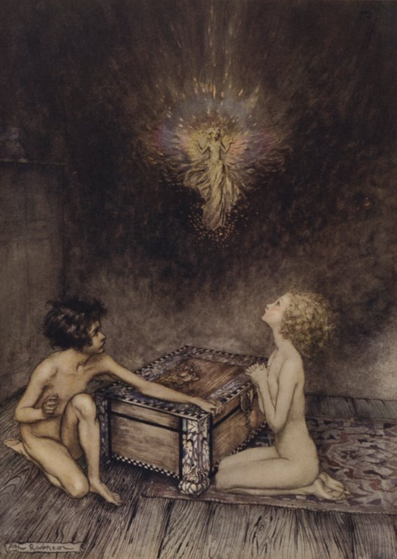 Pandora i Epimeteusz, scena z Cudownej księgi, Nathaniel Hawthorne (kolor lito) autorstwa Arthur (after) Rackham