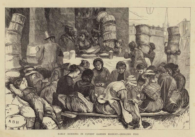 Wczesny poranek na targu Covent Garden, łuskanie grochu autorstwa Arthur Boyd Houghton