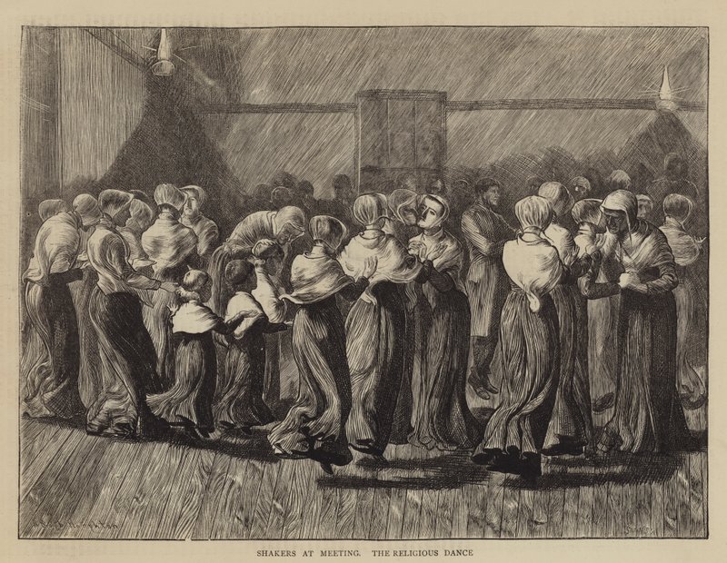 Shakers na spotkaniu, taniec religijny autorstwa Arthur Boyd Houghton
