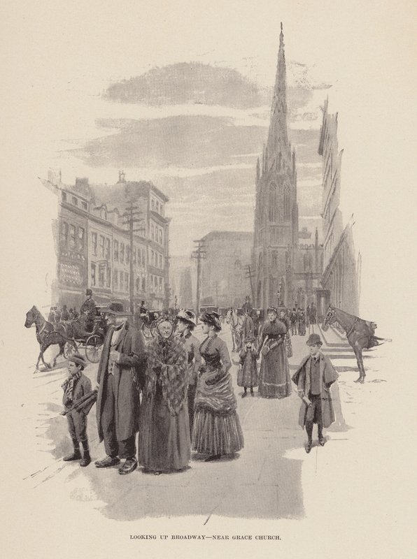 Patrząc na Broadway, w pobliżu kościoła Grace (grawerunek) autorstwa Arthur Burdett Frost