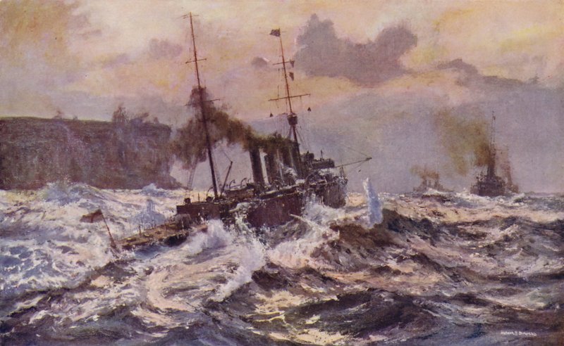 Okręty wojenne australijskiej marynarki wojennej opuszczające port w Sydney (kolor lito) autorstwa Arthur C. Burgess