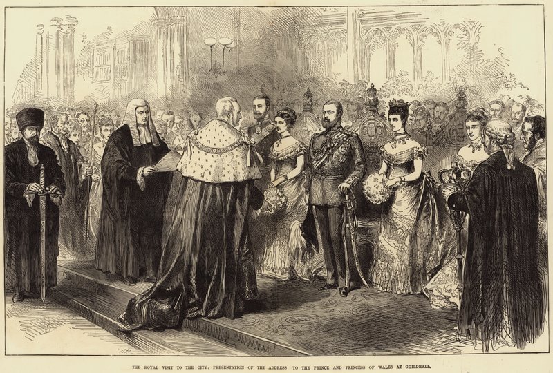 Królewska wizyta w mieście, przedstawienie przemówienia do księcia i księżnej Walii w Guildhall autorstwa Arthur Hopkins