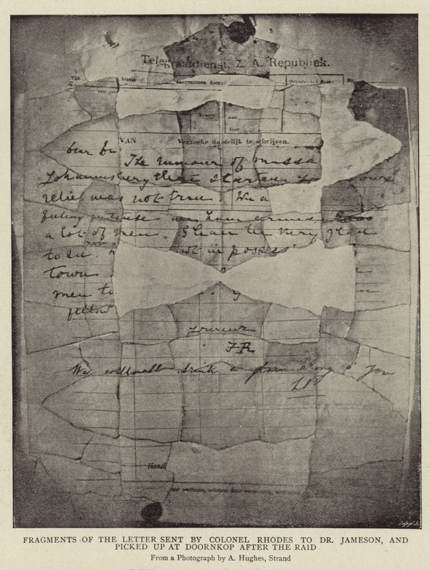 Fragmenty listu wysłanego przez pułkownika Rhodesa do dr Jamesona i odebranego w Doornkop po nalocie autorstwa Arthur Hughes