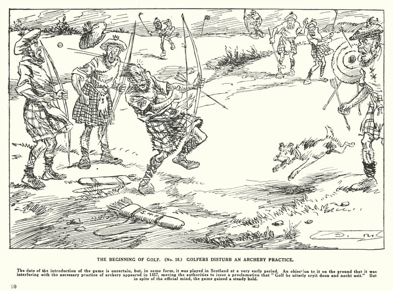 Początki golfa, golfiści zakłócają trening łuczniczy (litografia) autorstwa Arthur Moreland