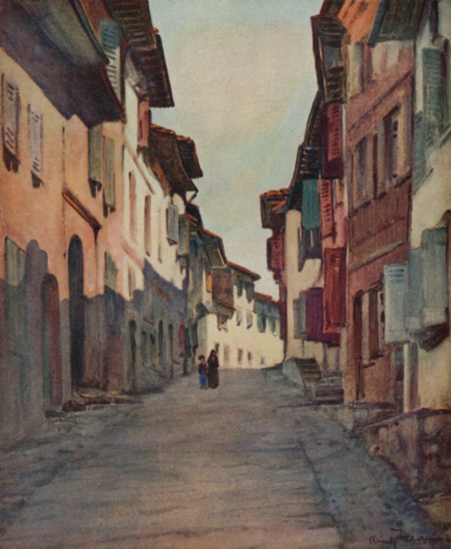 Kraj Basków: Ulica na Starym Mieście, St Jean-Pied-de-Port (kolor lito) autorstwa Arthur Romilly Fedden