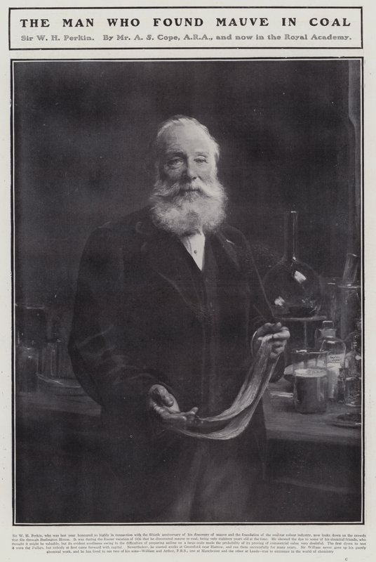 William Henry Perkin, angielski chemik, który odkrył pierwszy syntetyczny barwnik organiczny, mauveine (lito) autorstwa Arthur Stockdale Cope