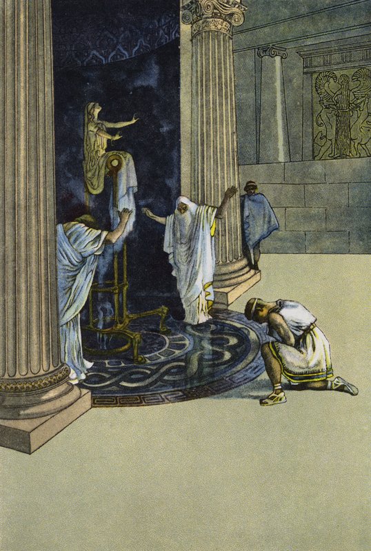 Orestes otrzymuje od Apolla rozkaz udania się do Taurydy i przywiezienia posągu Artemidy do Aten (kolor lito) autorstwa Artus Scheiner
