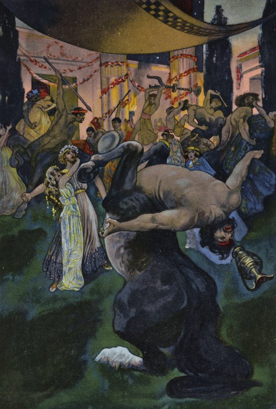 Satyry zakłócające ucztę weselną Orfeusza i Eurydyki, scena z Orfeusza w zaświatach (litografia kolorowa) autorstwa Artus Scheiner