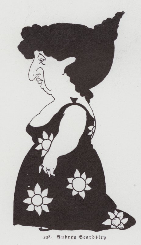 Karykatura kobiety w słonecznikowej sukience autorstwa Aubrey Beardsley