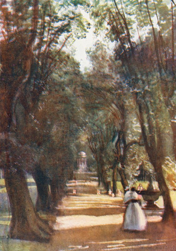 Rzym: Aleja Ilex w Villa Borghese (kolorowa litografia) autorstwa Aubrey Waterfield