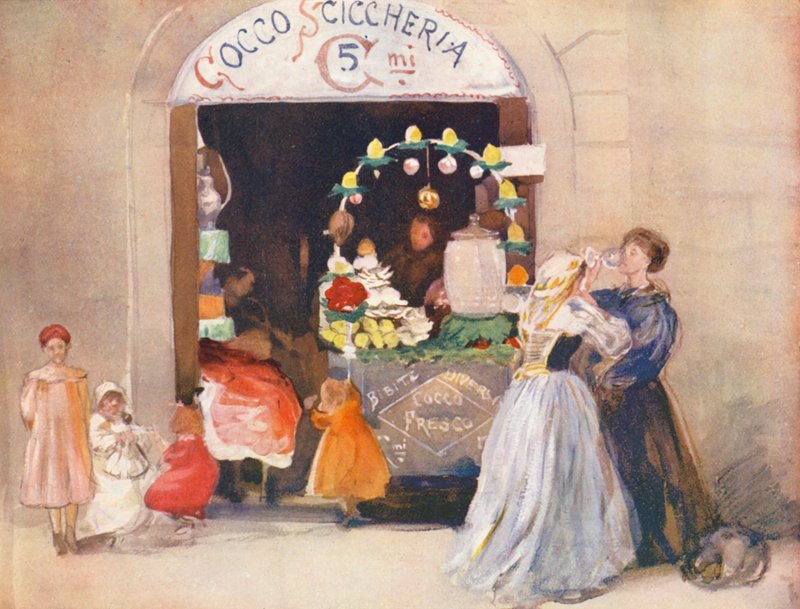 Rzym: Summer Drink Shop (kolorowa litografia) autorstwa Aubrey Waterfield