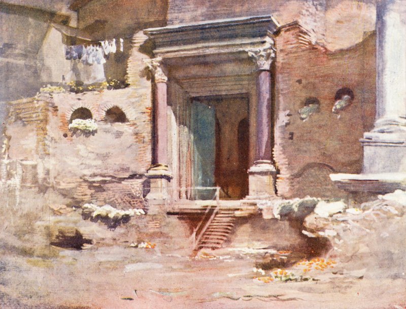 Rzym: Drzwi świątyni Romulusa, Forum (kolorowa litografia) autorstwa Aubrey Waterfield
