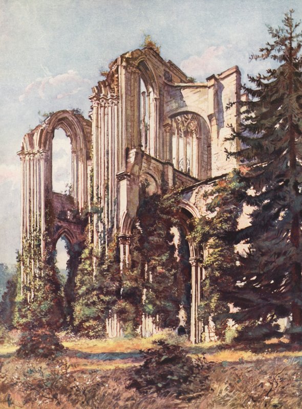 Francja: Opactwo Saint-Wandrille (kolorowa litografia) autorstwa Auguste Gerardin