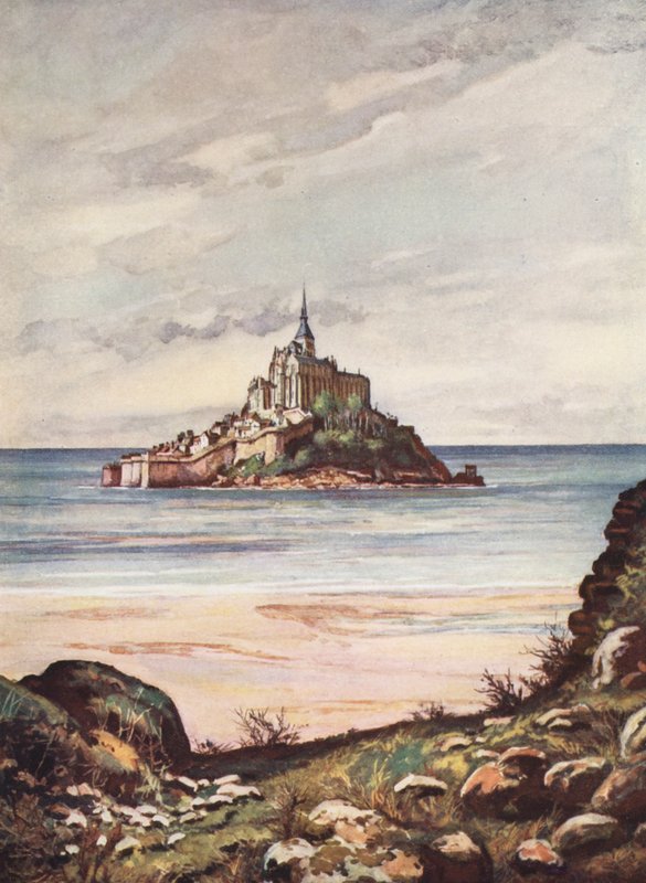 Francja: Mont Saint-Michel (kolorowa litografia) autorstwa Auguste Gerardin