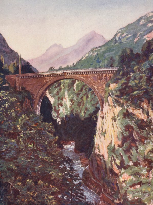 Francja: Pont Saint-Sauveur i Gave De Pau (kolorowa litografia) autorstwa Auguste Gerardin