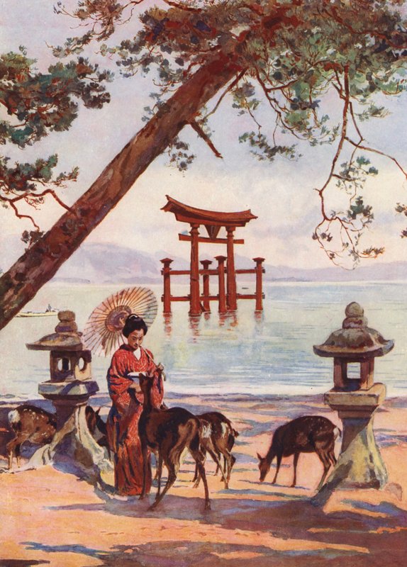 Torii w Miyajima, Japonia (kolorowa litografia) autorstwa Auguste Gerardin