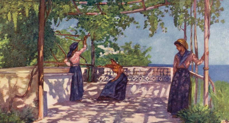 Chłopi pod winoroślą, Casamicciola, Ischia (kolorowa litografia) autorstwa Augustine Fitzgerald
