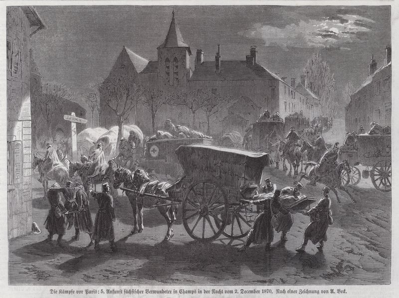 Przybycie żołnierzy saskich rannych w walkach pod Paryżem, wojna francusko-pruska, 2 grudnia 1870 (rycina) autorstwa Augustus J. Beck