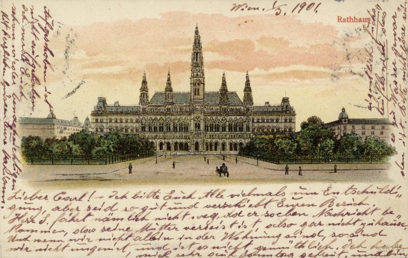 Pocztówka przedstawiająca ratusz w Wiedniu autorstwa Austrian School