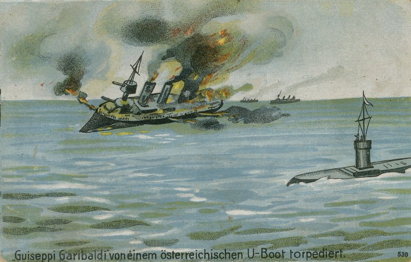 Zatonięcie włoskiego krążownika Giuseppe Garibaldi przez austriacki okręt podwodny U-4, I wojna światowa, 18 lipca 1915 autorstwa Austrian School