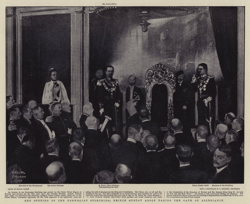 Otwarcie norweskiego Storthingu, książę Gustaw Adolf składający przysięgę wierności (litografia) autorstwa Balliol (after) Salmon