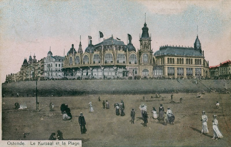 Le Kursaal i plaża w Ostendzie w Belgii. Pocztówka wysłana w 1913 roku. autorstwa Belgian Photographer