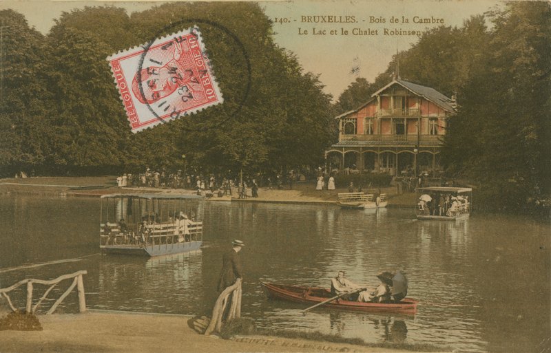 Jezioro i Chalet Robinson, Bois de la Cambre, Bruksela. Pocztówka wysłana w 1913 roku. autorstwa Belgian Photographer