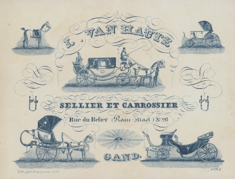 Reklama dla L van Haute, rymarza i konstruktora nadwozi, Gandawa, Belgia (litho) autorstwa Belgian School