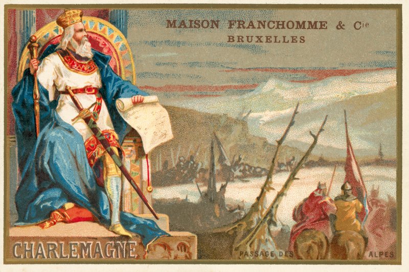 Karol Wielki i przejście przez Alpy (chromolitho) autorstwa Belgian School