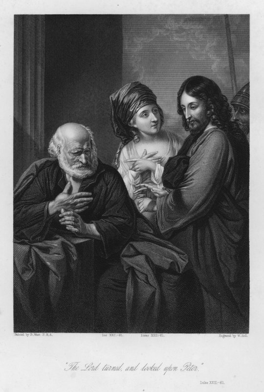 Piotr zapiera się Chrystusa, Łukasz XXII, 61 (rycina) autorstwa Benjamin (after) West