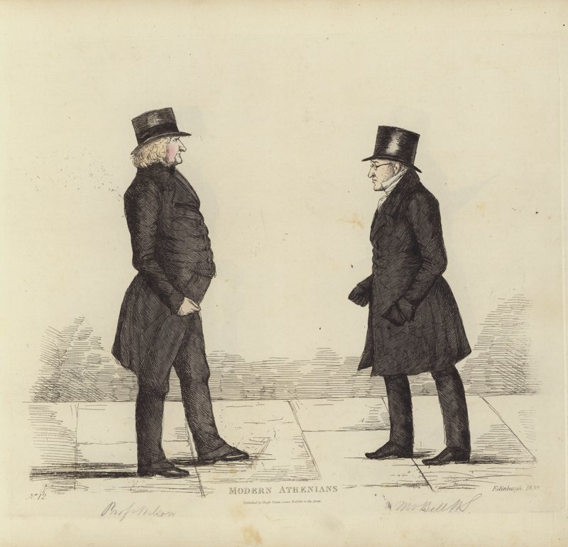 Wybitni Edynburczycy, aka Współcześni Ateńczycy, John Wilson, Esq, profesor filozofii moralnej, George Joseph Bell, Esq, profesor prawa szkockiego (kolorowa grawerunek) autorstwa Benjamin William Crombie