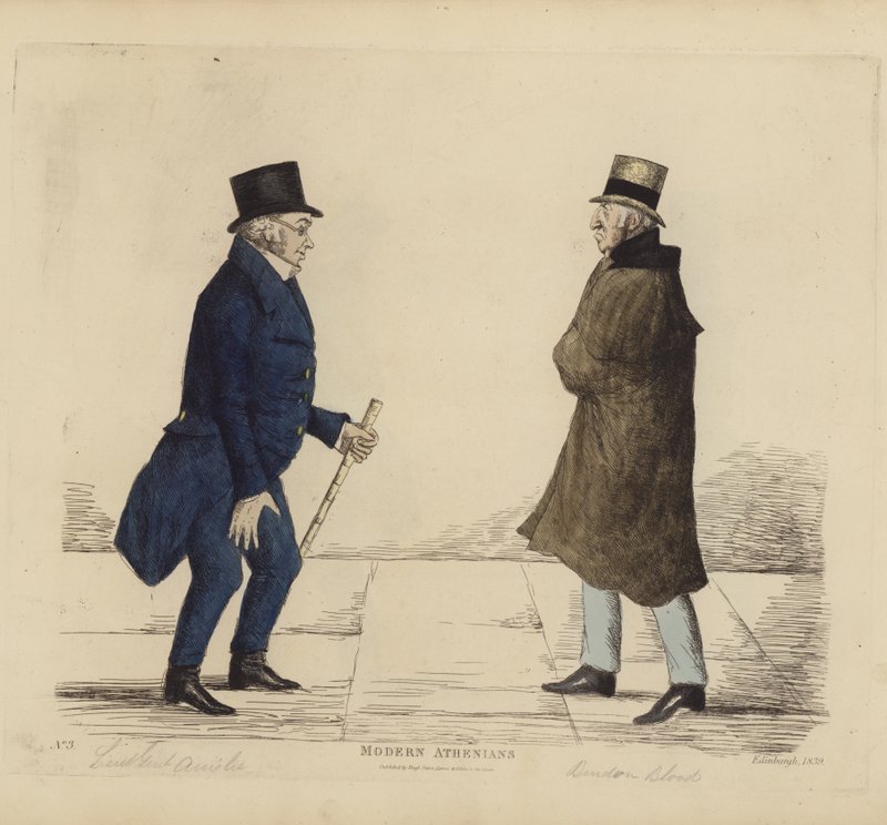 Wybitni Edynburczycy, aka Współcześni Ateńczycy, generał porucznik George R Ainslie, Bindon Blood, Esq, z Cranacher (kolorowy grawerunek) autorstwa Benjamin William Crombie