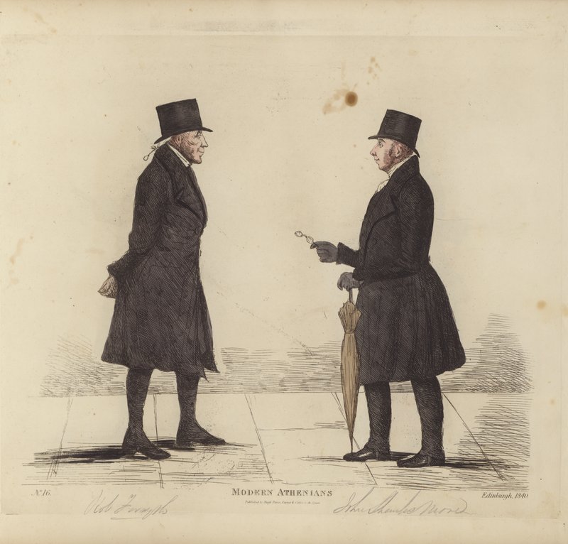 Wybitni Edynburczycy, aka Współcześni Ateńczycy, Robert Forsyth, Esq, Advocate, John Shank More, Esq, LLD, Advocate (kolorowy grawerunek) autorstwa Benjamin William Crombie