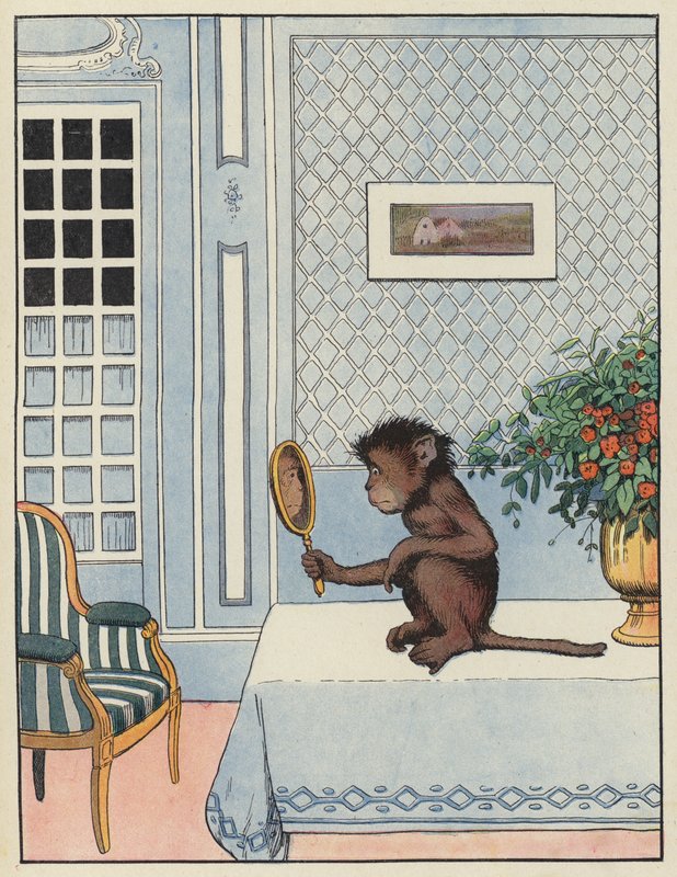 Małpa patrząca na swoje odbicie w lustrze autorstwa Benjamin Rabier