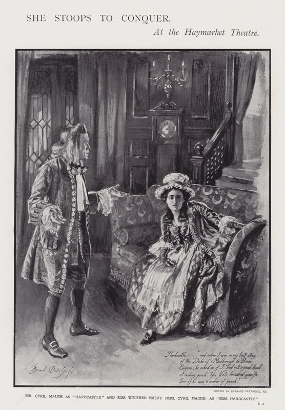 Przedstawienie komedii Olivera Goldsmitha She Stoops to Conquer w Haymarket Theatre w Londynie (litografia) autorstwa Bernard (after) Partridge