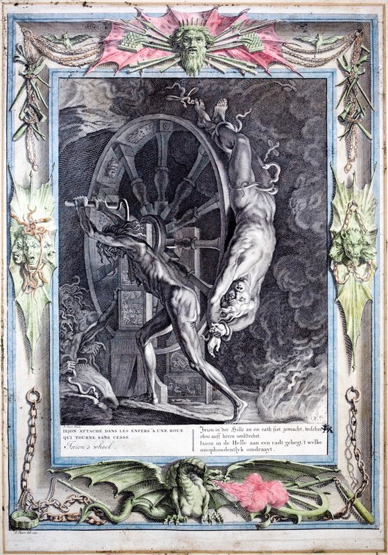 Ixion związany z wiecznie obracającym się ognistym kołem (kolorowy grawer) autorstwa Bernard (after) Picart