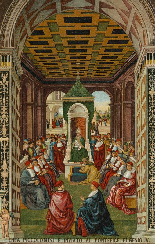 Enea Piccolomini przed papieżem Eugeniuszem IV autorstwa Bernardino di Betto (after) Pinturicchio