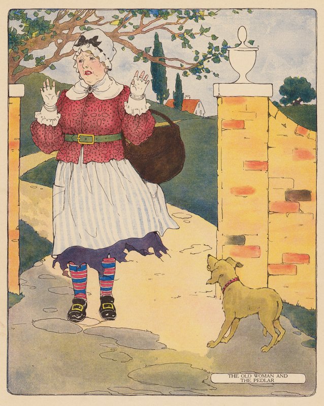 Rymowanka: Stara kobieta i domokrążca (kolorowa litografia) autorstwa Blanche Fisher Wright