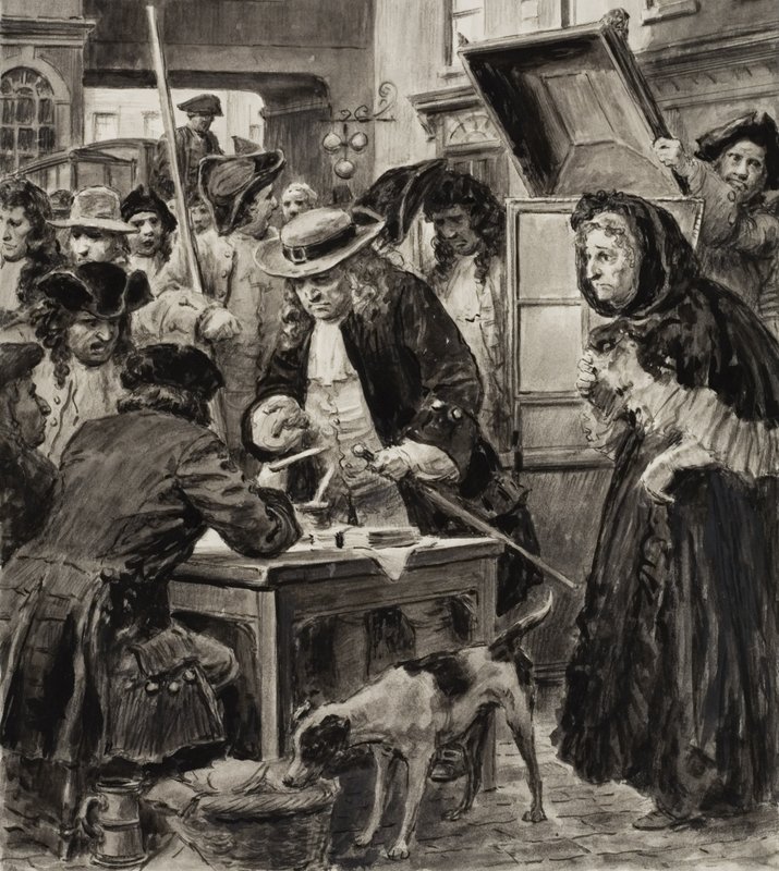 XVIII-wieczny lombard i jego klienci (gwasz na papierze) autorstwa C.L. Doughty