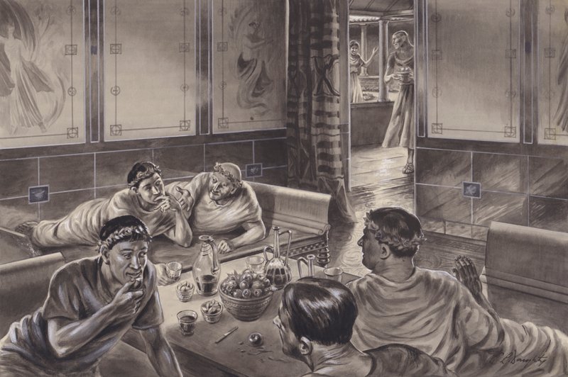 Anglo-Rzymianin jedzący w triclinium (gwasz na papierze) autorstwa C.L. Doughty