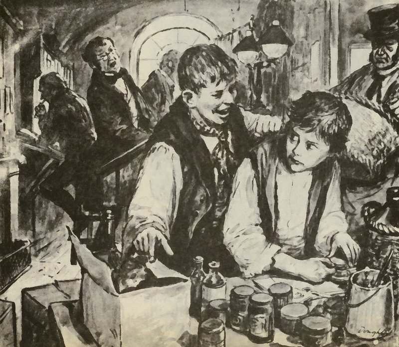 Charles Dickens jako chłopiec w fabryce czernidła (litografia) autorstwa C.L. Doughty