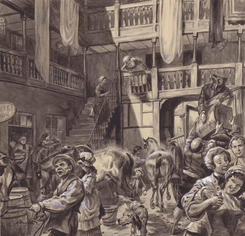 Dziedziniec karczmy, koniec XVIII wieku (gwasz na papierze) autorstwa C.L. Doughty