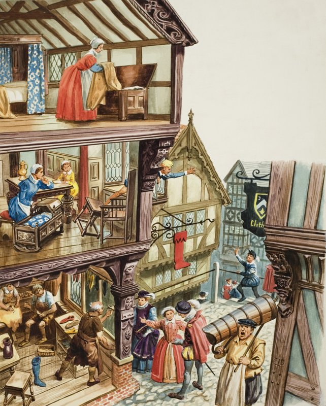 Elizabethan Townscape (gwasz na papierze) autorstwa C.L. Doughty
