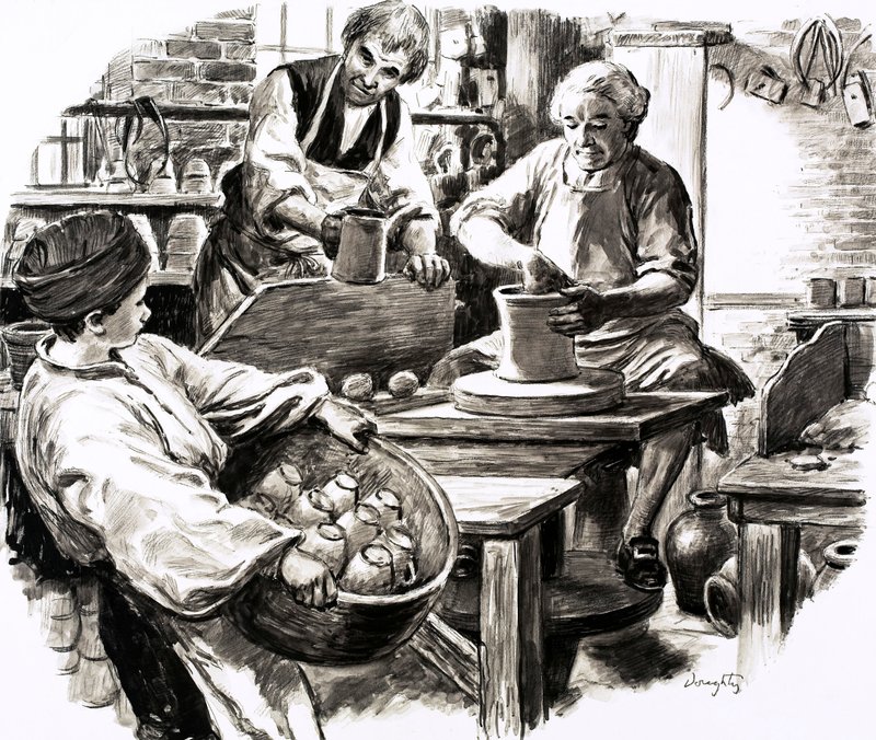 Josiah Wedgwood był praktykantem w rodzinnej firmie garncarskiej (gwasz na papierze) autorstwa C.L. Doughty